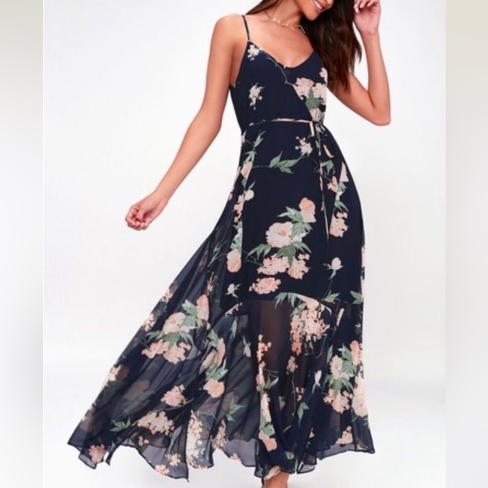 Lulu's Navy Floral Maxi Dress with Blush and Green Accents